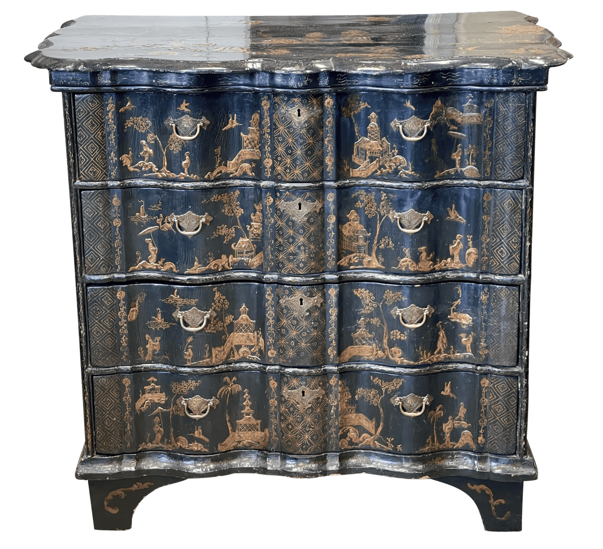 A Dutch Rococo Brass - Mounted Gilt and Black - Japanned Chest of Drawers, Circa 1740 - Helen Storey Antiques