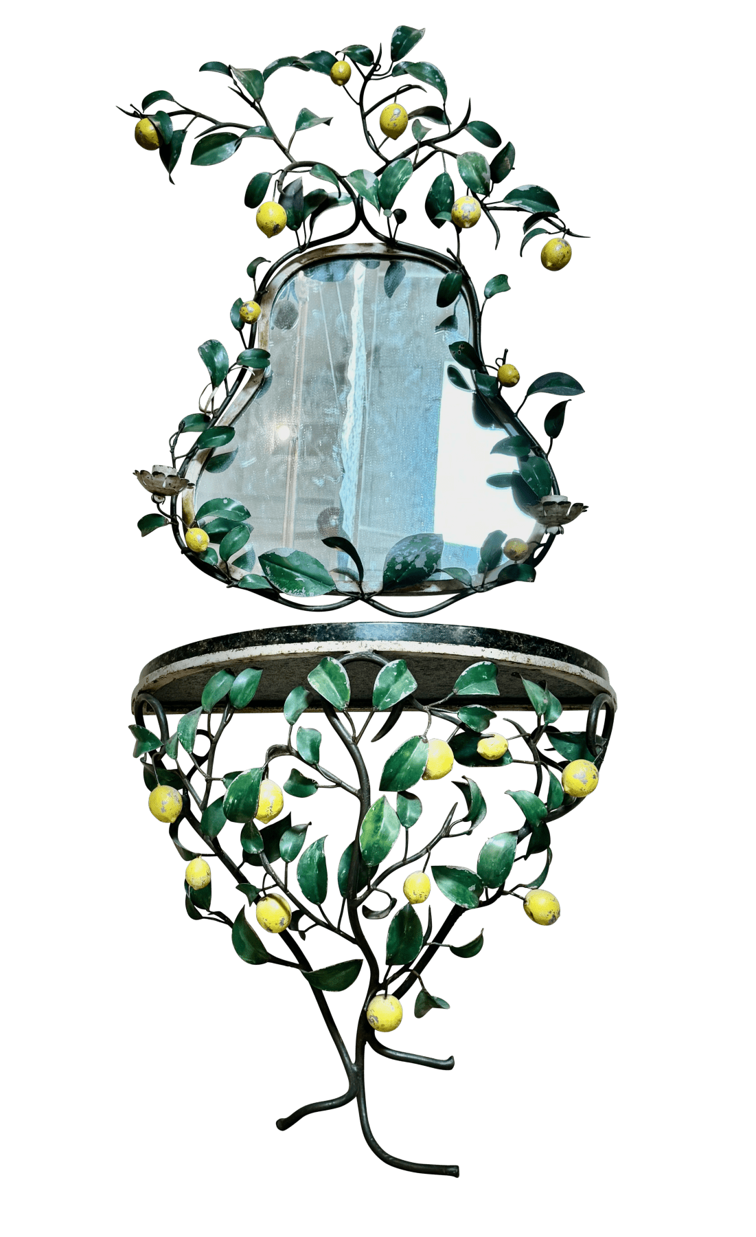 A Mid - century Tole Lemon Tree tole console with Lemon - surround mirror - Helen Storey Antiques