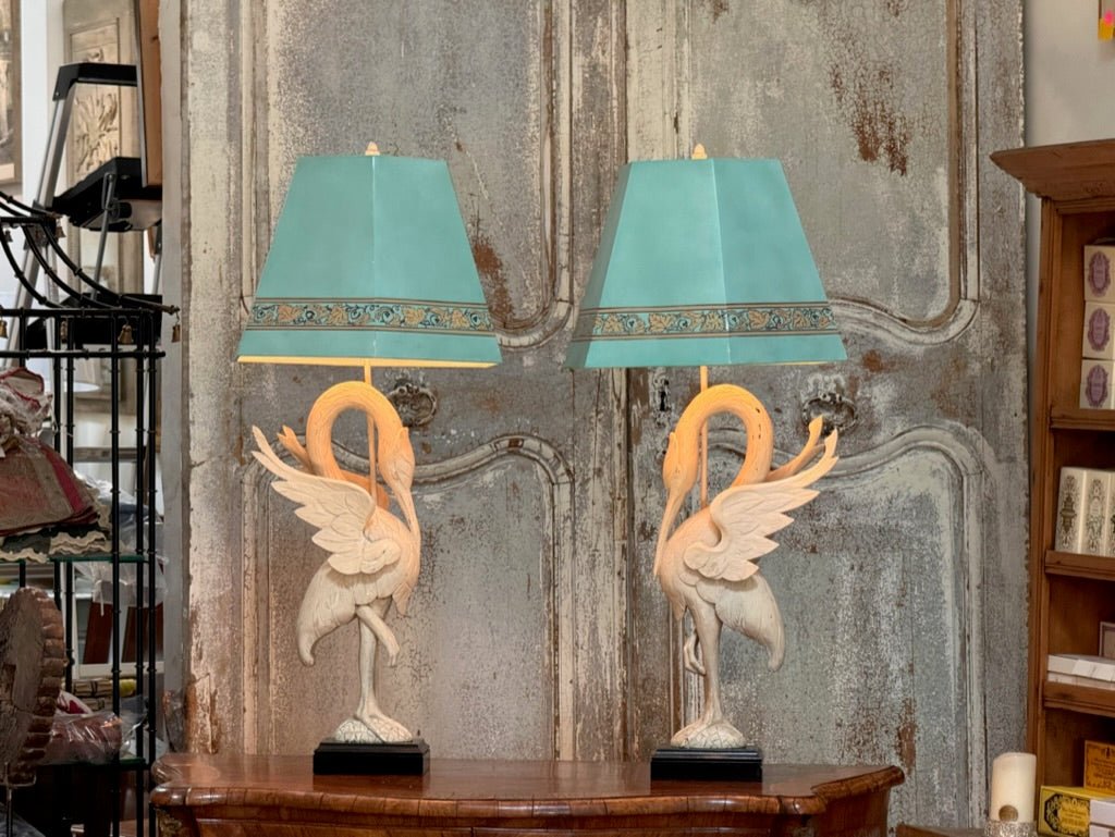 A Pair of White - Painted Carved Egret Lamps Mid - Century - Helen Storey Antiques