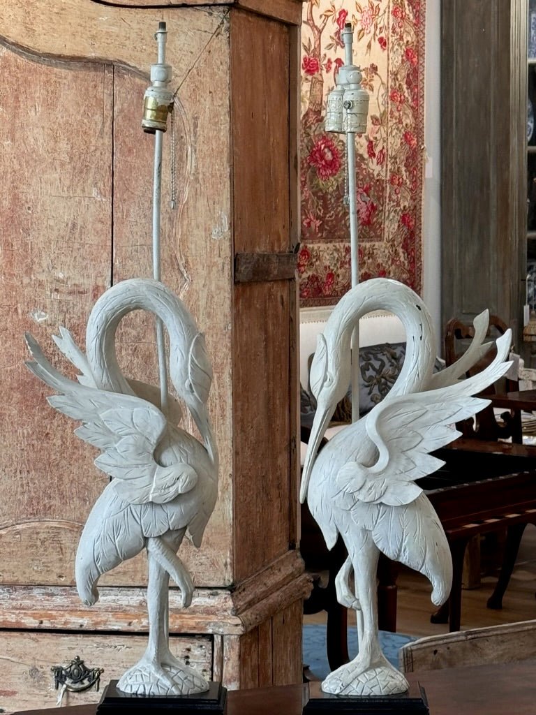 A Pair of White - Painted Carved Egret Lamps Mid - Century - Helen Storey Antiques