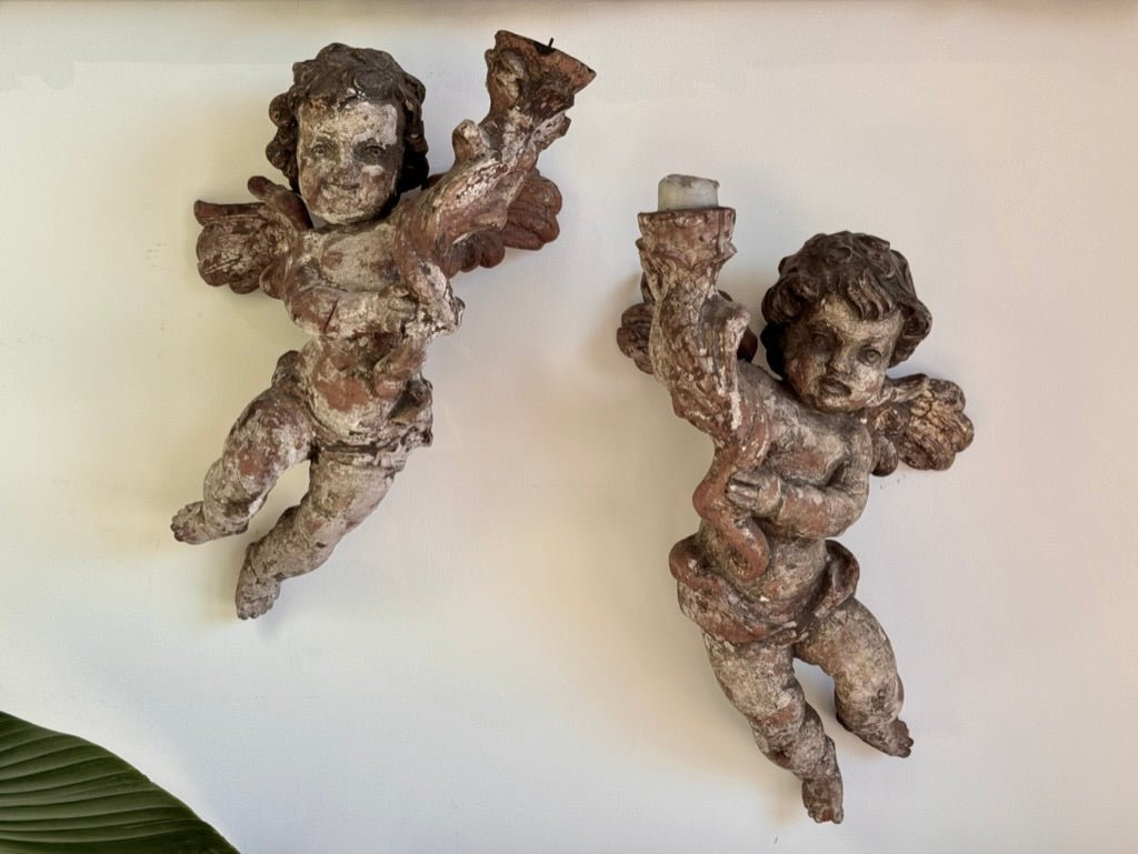 Beautiful Pair 18th Century Carved, Polychrome Putti - Helen Storey Antiques