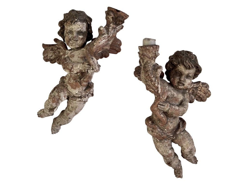 Beautiful Pair 18th Century Carved, Polychrome Putti - Helen Storey Antiques