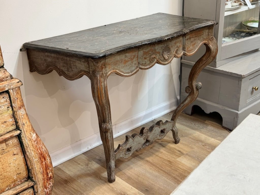 Carved and painted French or Italian Console table with faux marble top - Helen Storey Antiques