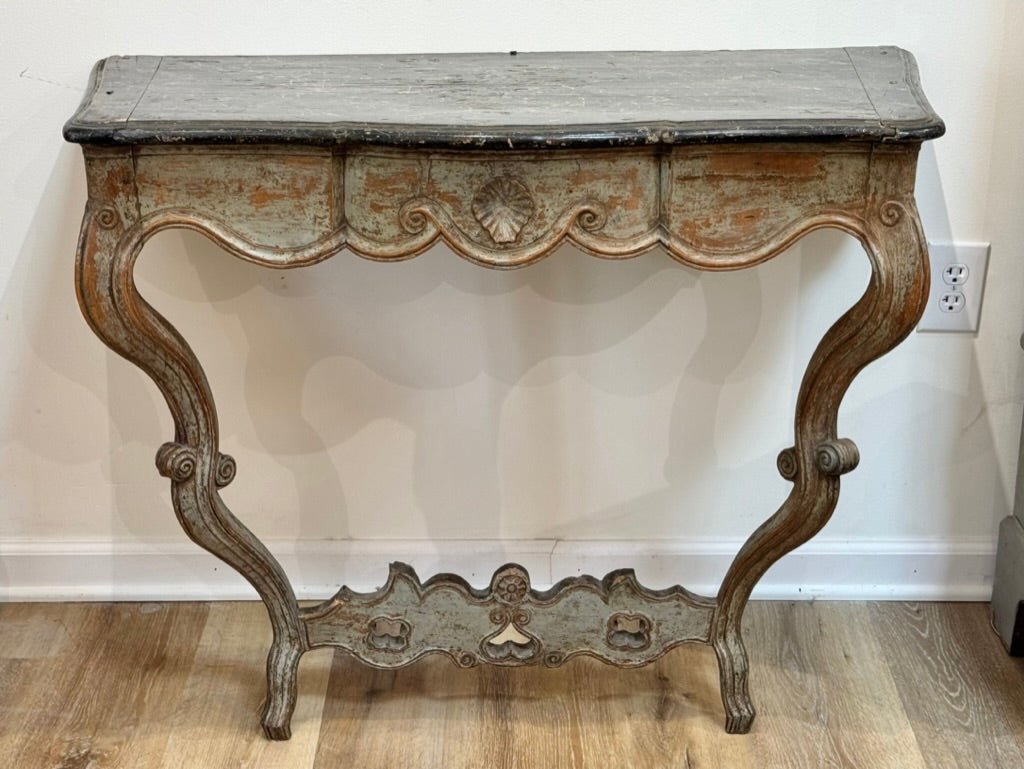 Carved and painted French or Italian Console table with faux marble top - Helen Storey Antiques