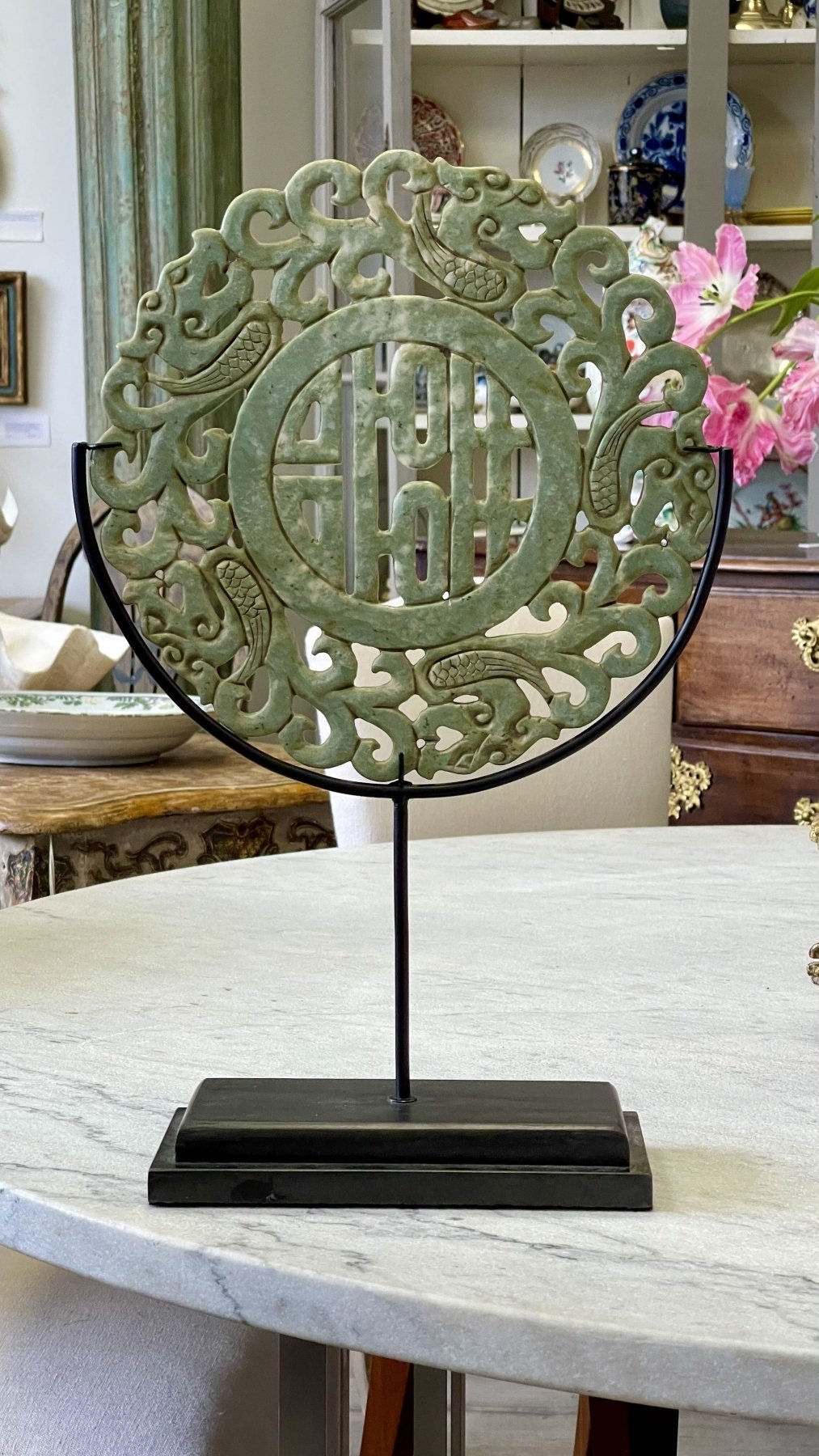 CARVED CHINESE MEDALLION ON STAND - Helen Storey Antiques