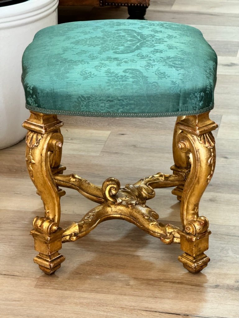 Carved Giltwood Stool with Silk Damask Seat, 18th Century - Helen Storey Antiques