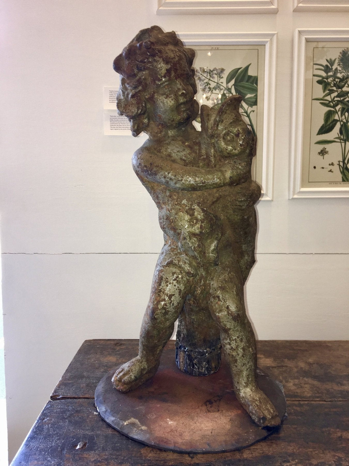 Cast Iron Putti with Dolphin Fountain - Sculpture - Helen Storey Antiques