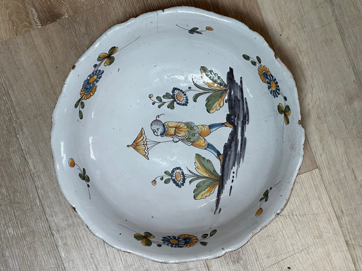 Charming French Faience Serving Bowl with Chinoiserie Figure - Helen Storey Antiques