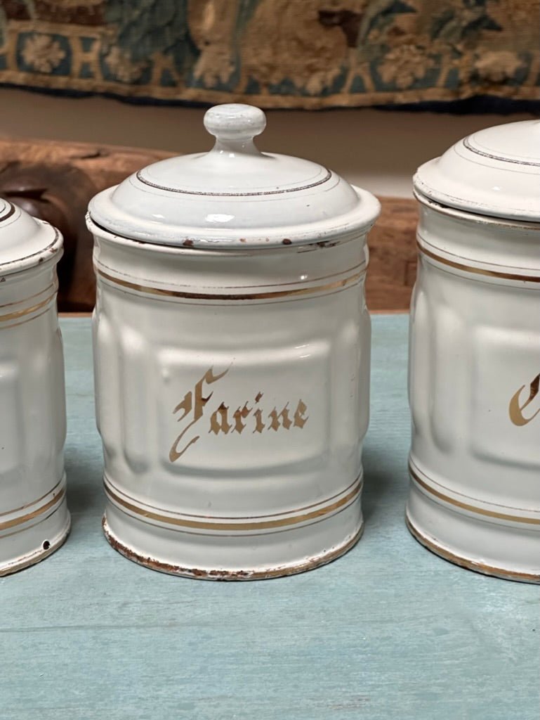 Charming Set of Vintage French Enamel Canisters - Helen Storey Antiques