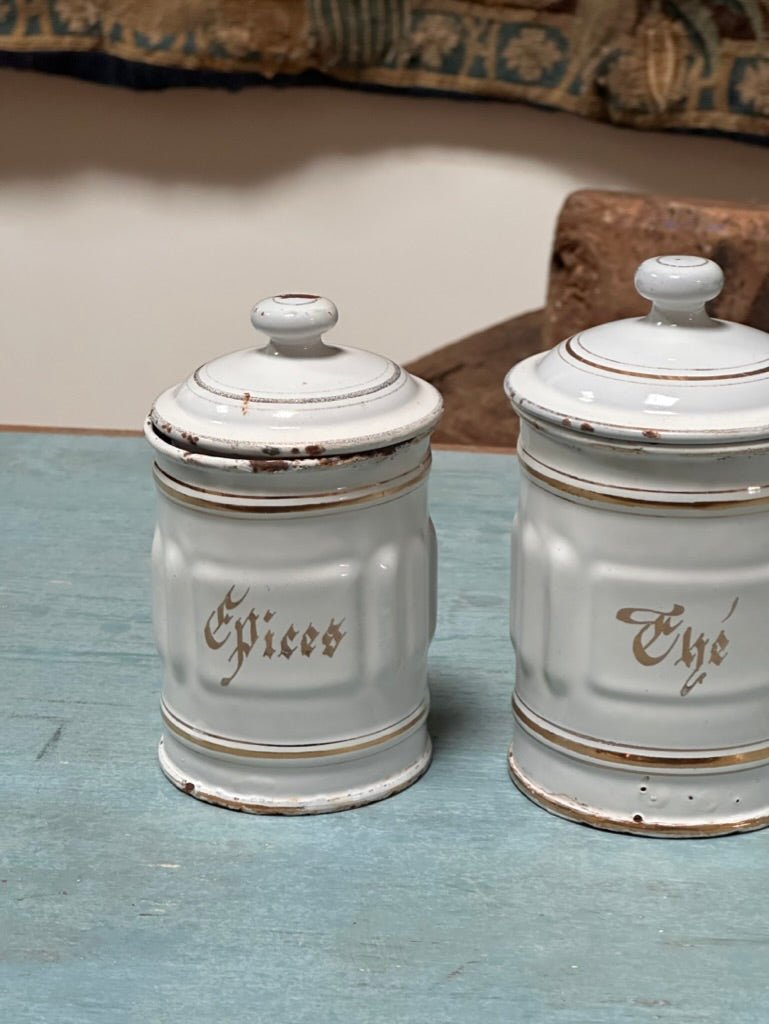 Charming Set of Vintage French Enamel Canisters - Helen Storey Antiques