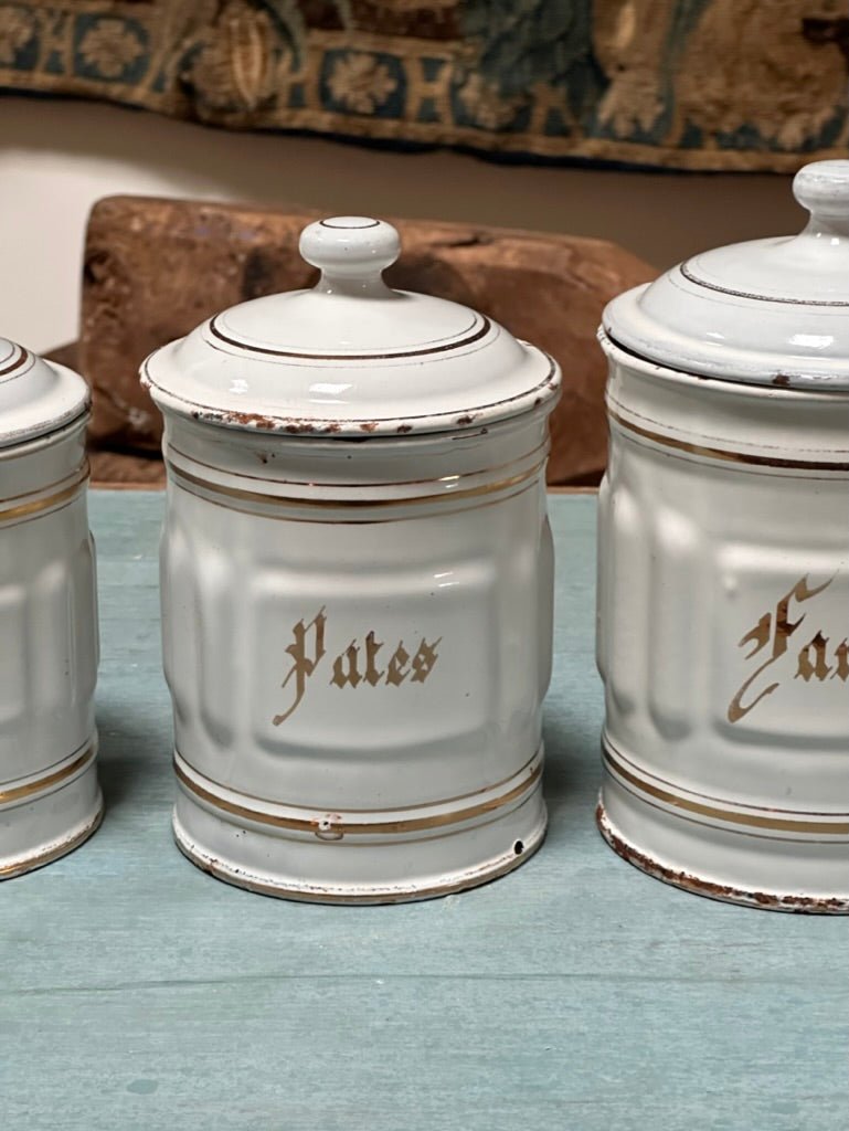 Charming Set of Vintage French Enamel Canisters - Helen Storey Antiques