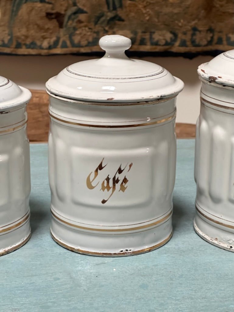 Charming Set of Vintage French Enamel Canisters - Helen Storey Antiques