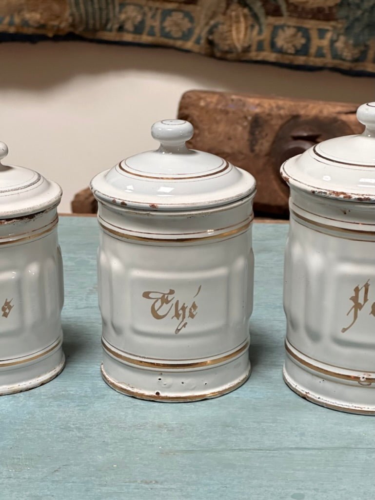 Charming Set of Vintage French Enamel Canisters - Helen Storey Antiques