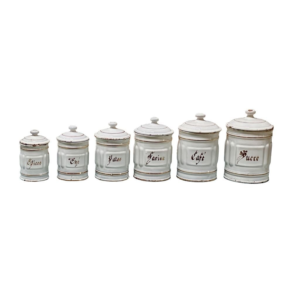 Charming Set of Vintage French Enamel Canisters - Helen Storey Antiques