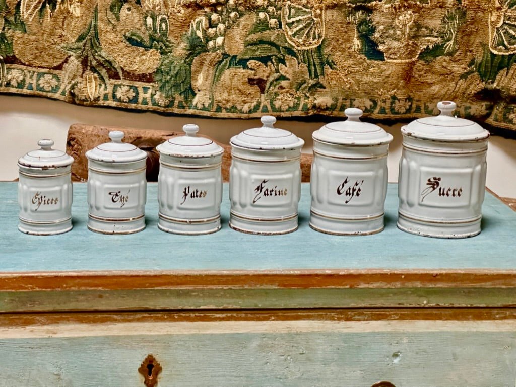 Charming Set of Vintage French Enamel Canisters - Helen Storey Antiques