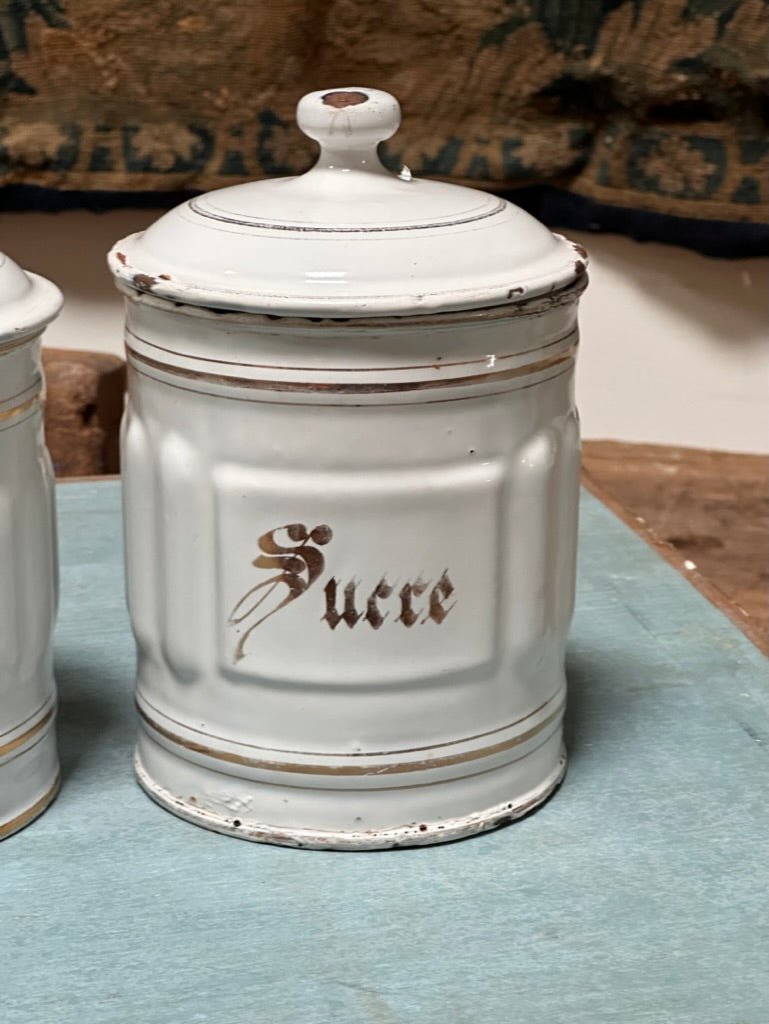 Charming Set of Vintage French Enamel Canisters - Helen Storey Antiques