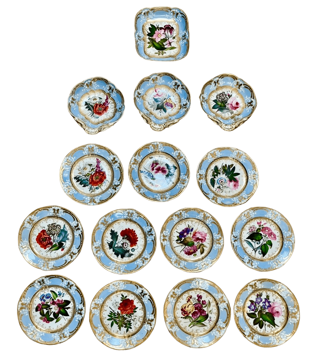 Coalport Plates, Serving Pieces, Exceptional Floral Painted, Feldspar Porcelain 19th C.