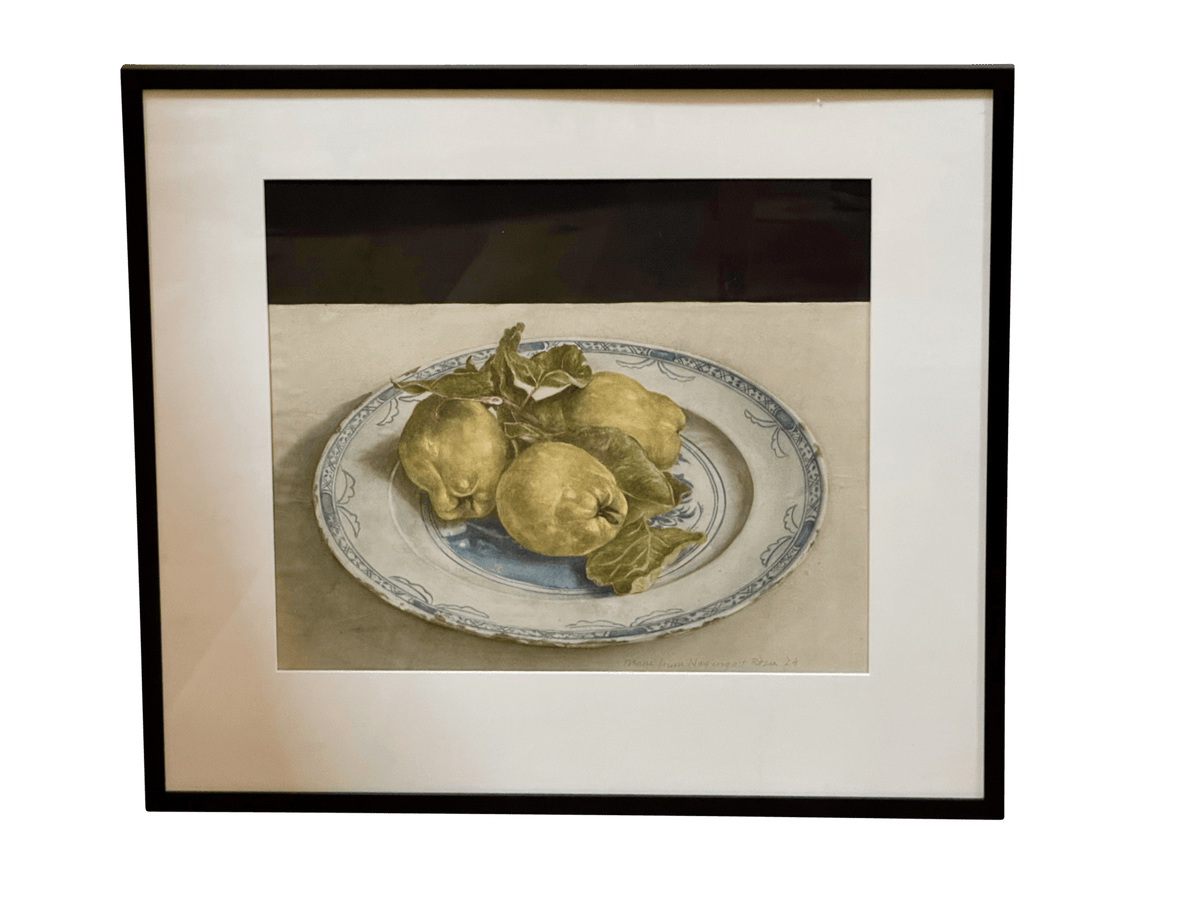 Contemporary still life watercolor, three Quinces on a Blue and White plate - Helen Storey Antiques