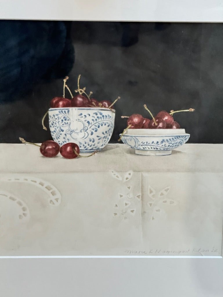 Contemporary Watercolor of Two Bowls of Cherries by Marie - Louise Magengast - Ritzen - Helen Storey Antiques