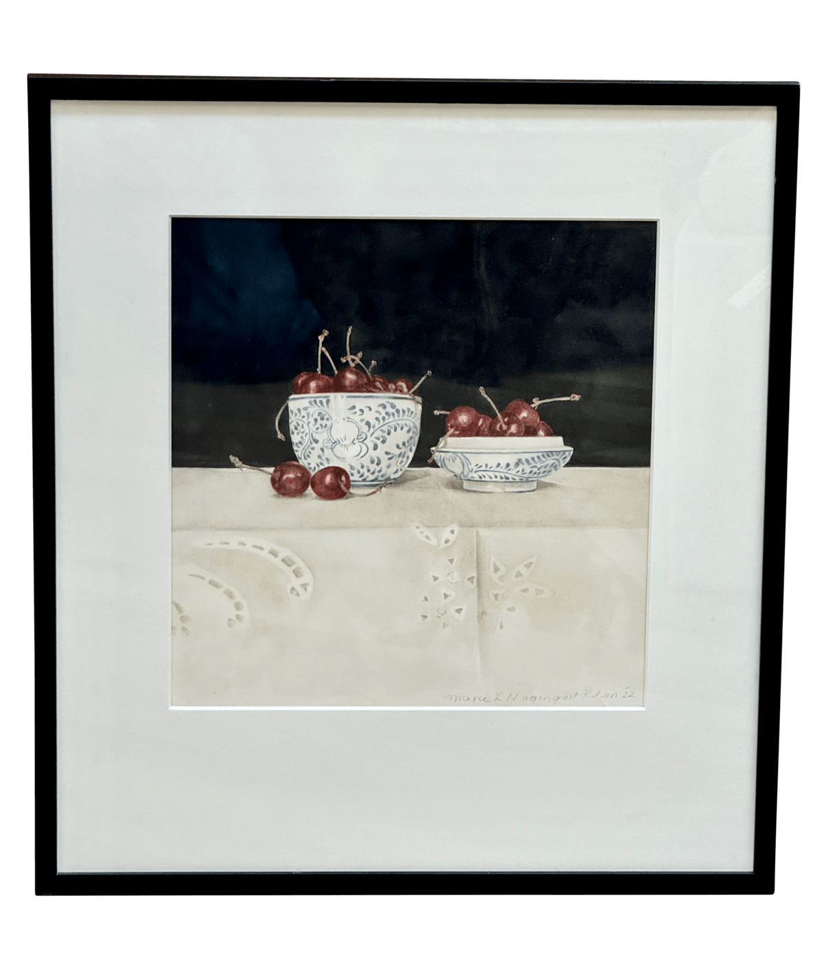 Contemporary Watercolor of Two Bowls of Cherries by Marie - Louise Magengast - Ritzen - Helen Storey Antiques