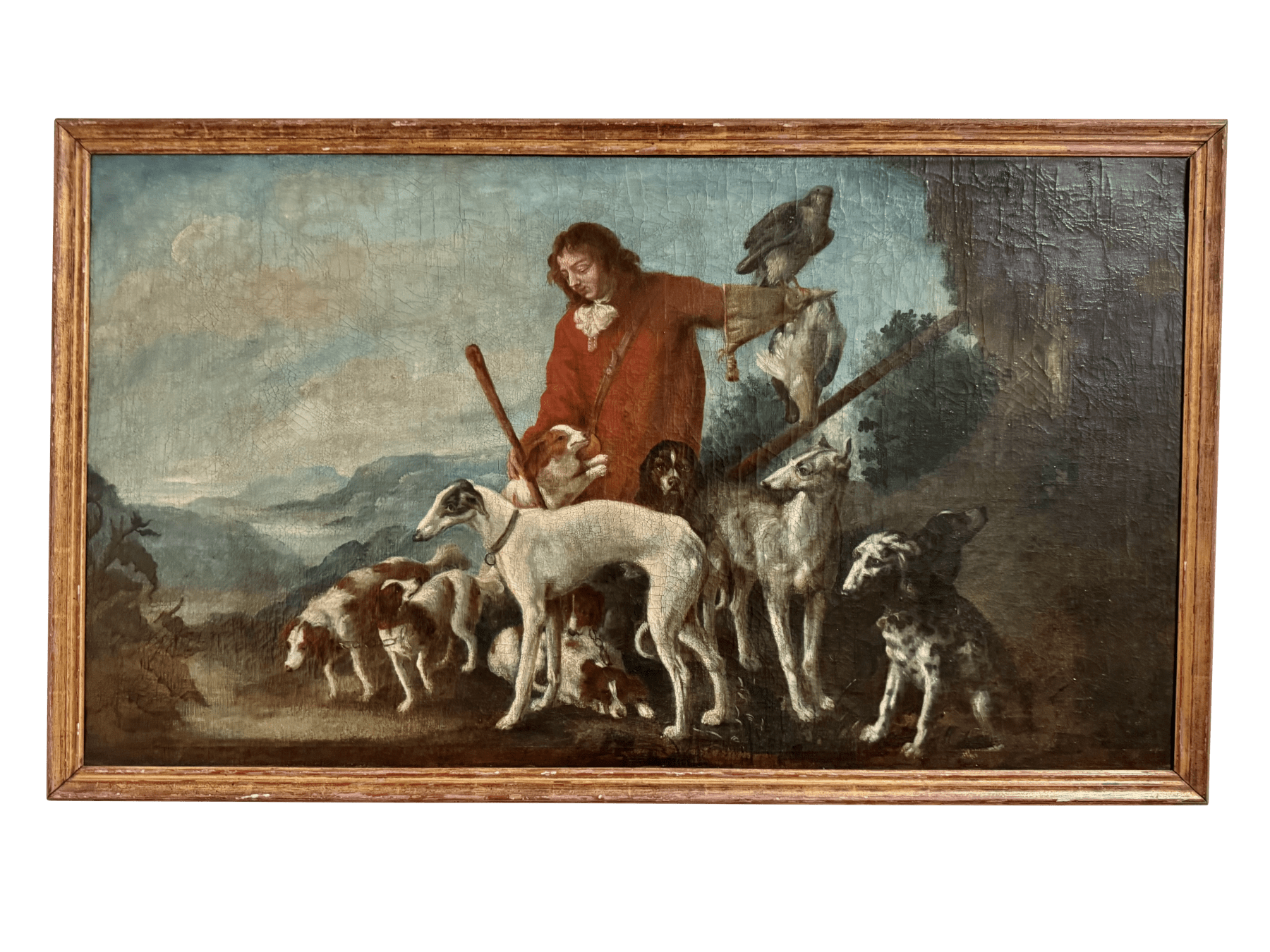 Dogs and Falconer, Flemish School, 17th Century Oil Painting