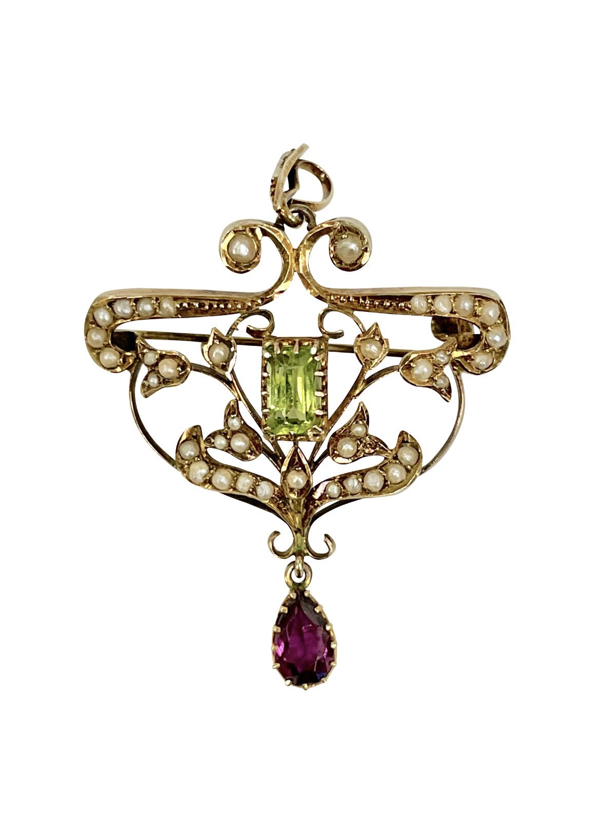 Edwardian Brooch with Peridot, Amethyst, &amp; Seed Pearls - Helen Storey Antiques