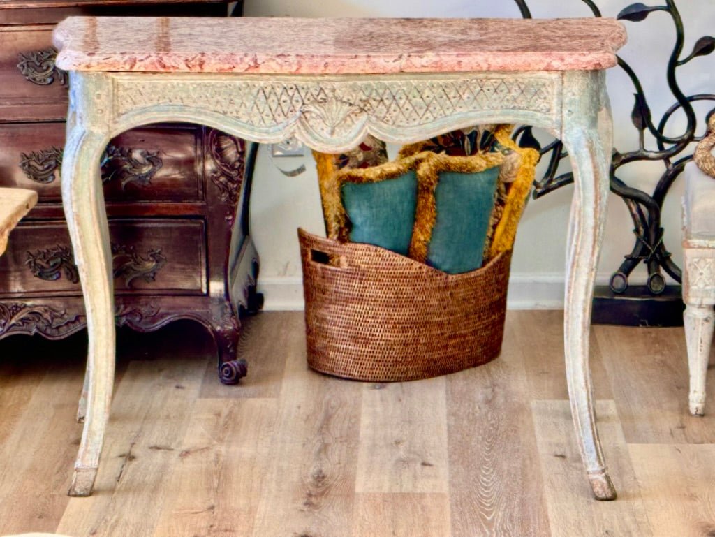 Elegant 18th Century Louis XVI carved, polychrome console with marble top - Helen Storey Antiques