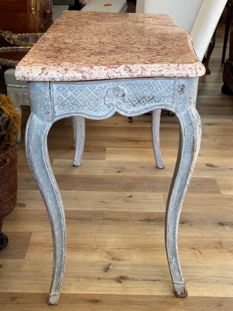 Elegant 18th Century Louis XVI carved, polychrome console with marble top - Helen Storey Antiques