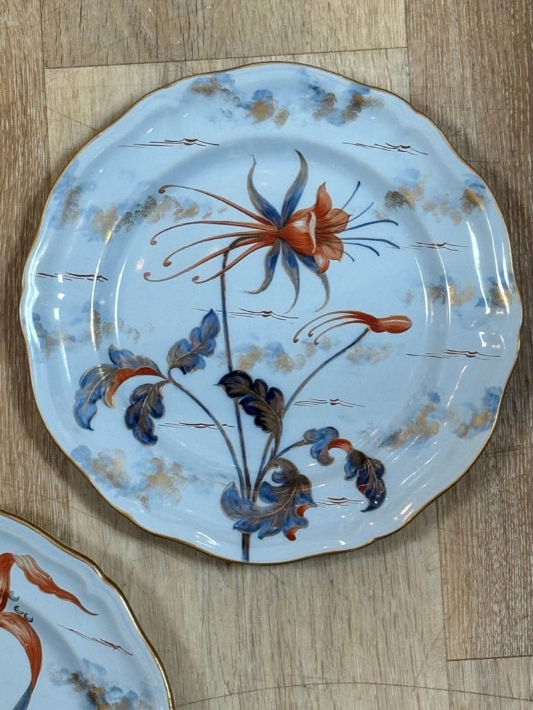 Emile Galle floral plates, c. 1880, set of three - Helen Storey Antiques