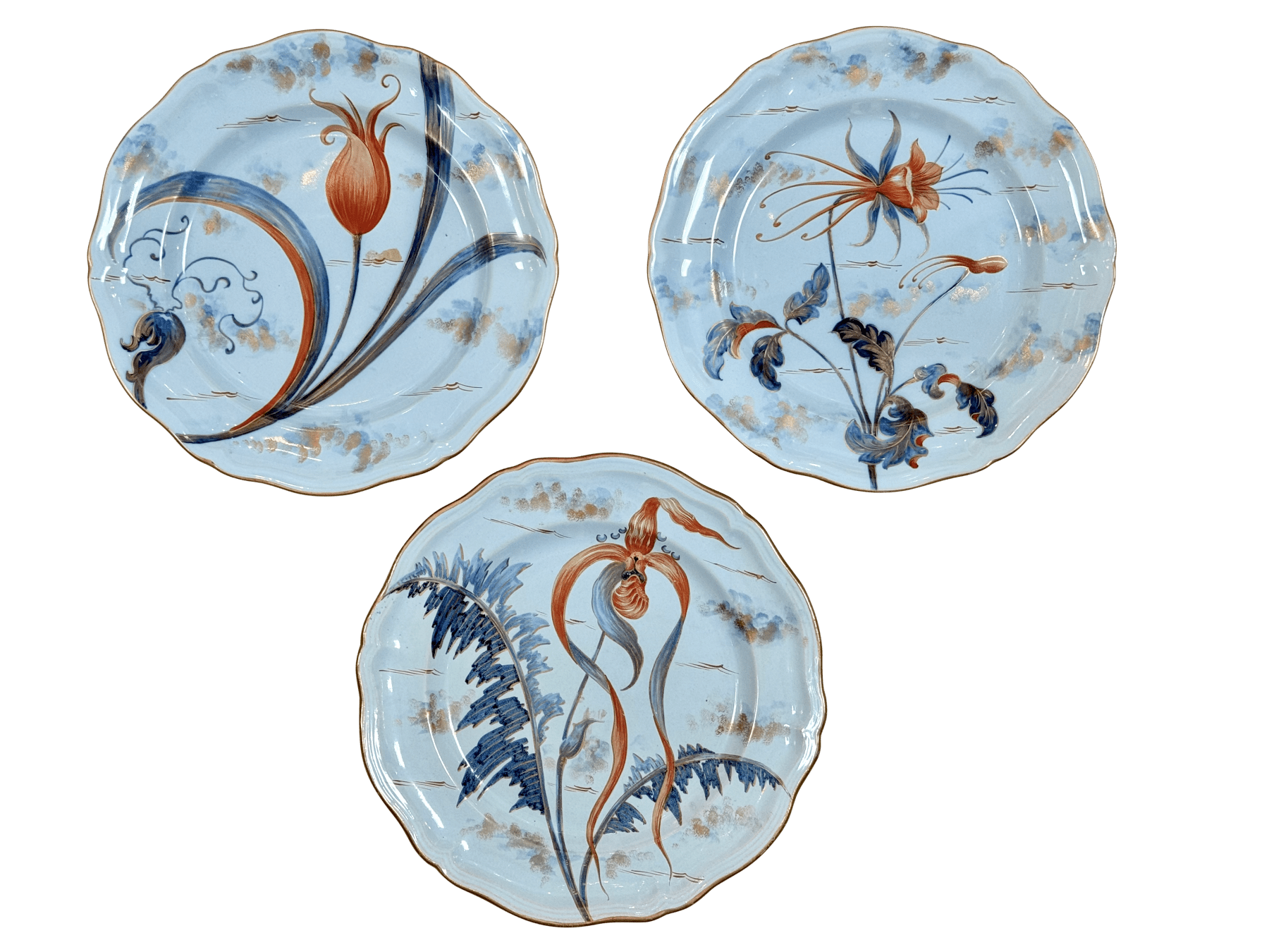 Emile Galle floral plates, c. 1880, set of three