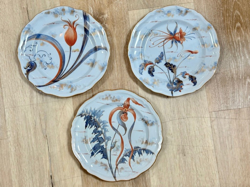 Emile Galle floral plates, c. 1880, set of three - Helen Storey Antiques