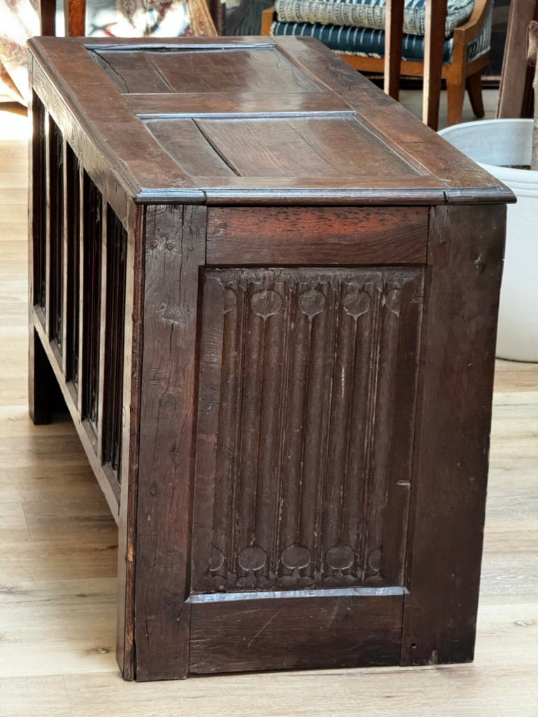 English 17th Century Joined Oak Linenfold Coffer, Stuart Period - Helen Storey Antiques