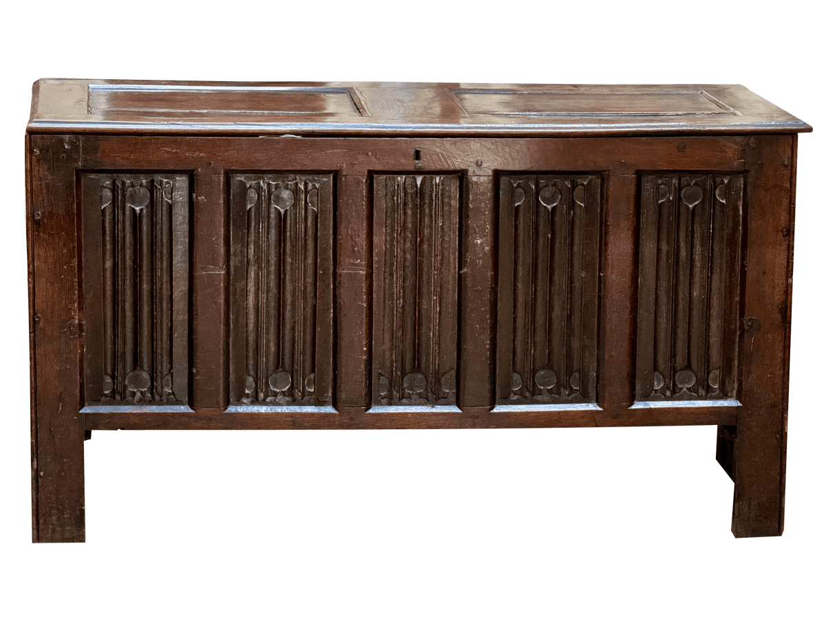 English 17th Century Joined Oak Linenfold Coffer, Stuart Period - Helen Storey Antiques