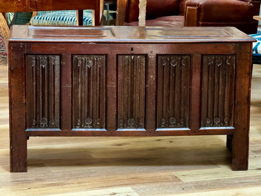 English 17th Century Joined Oak Linenfold Coffer, Stuart Period - Helen Storey Antiques