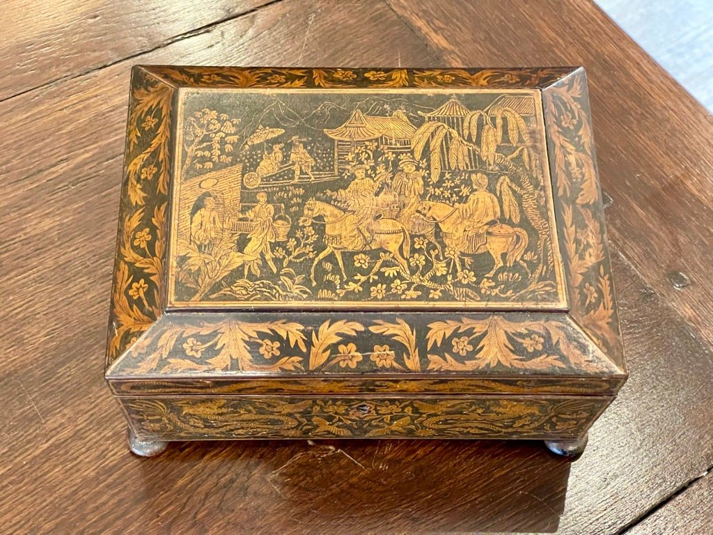 ENGLISH Regency PENWORK DOUBLE - HANDLED JEWELRY BOX - Chinoiserie - Helen Storey Antiques