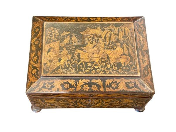 ENGLISH Regency PENWORK DOUBLE-HANDLED JEWELRY BOX - Chinoiserie