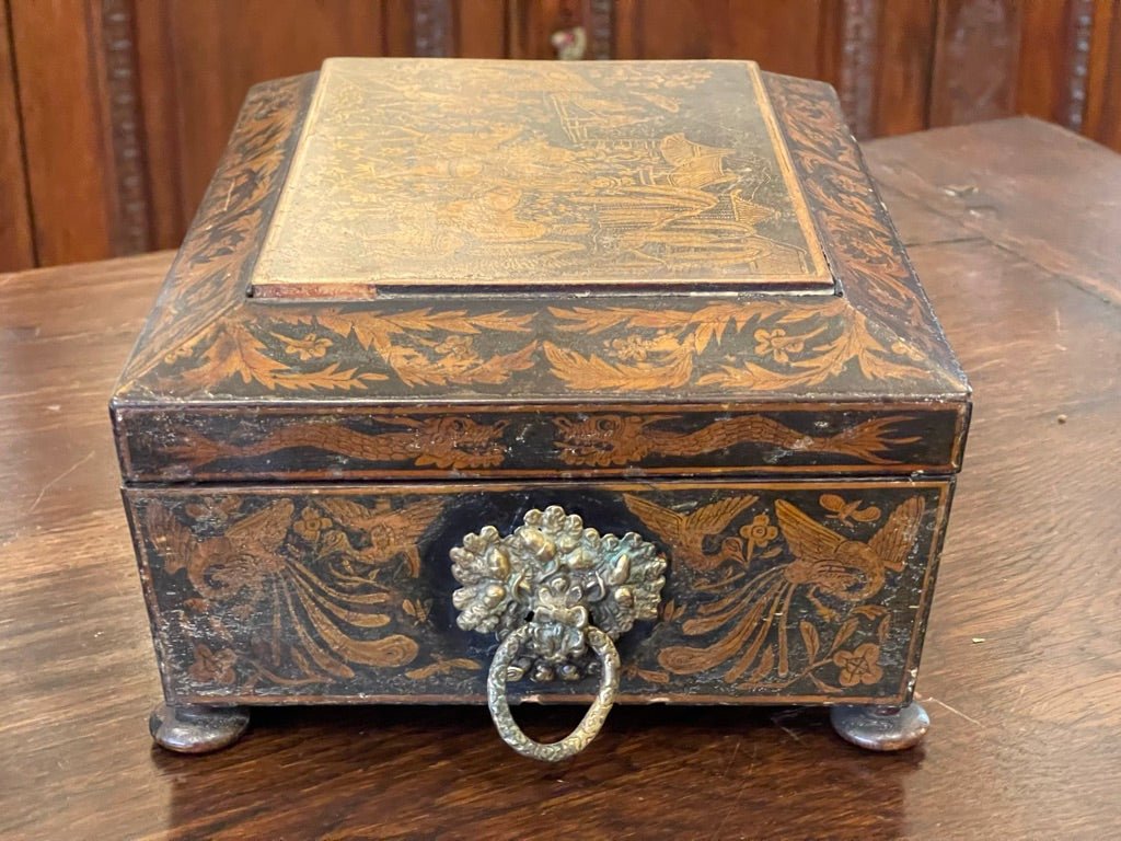 ENGLISH Regency PENWORK DOUBLE - HANDLED JEWELRY BOX - Chinoiserie - Helen Storey Antiques