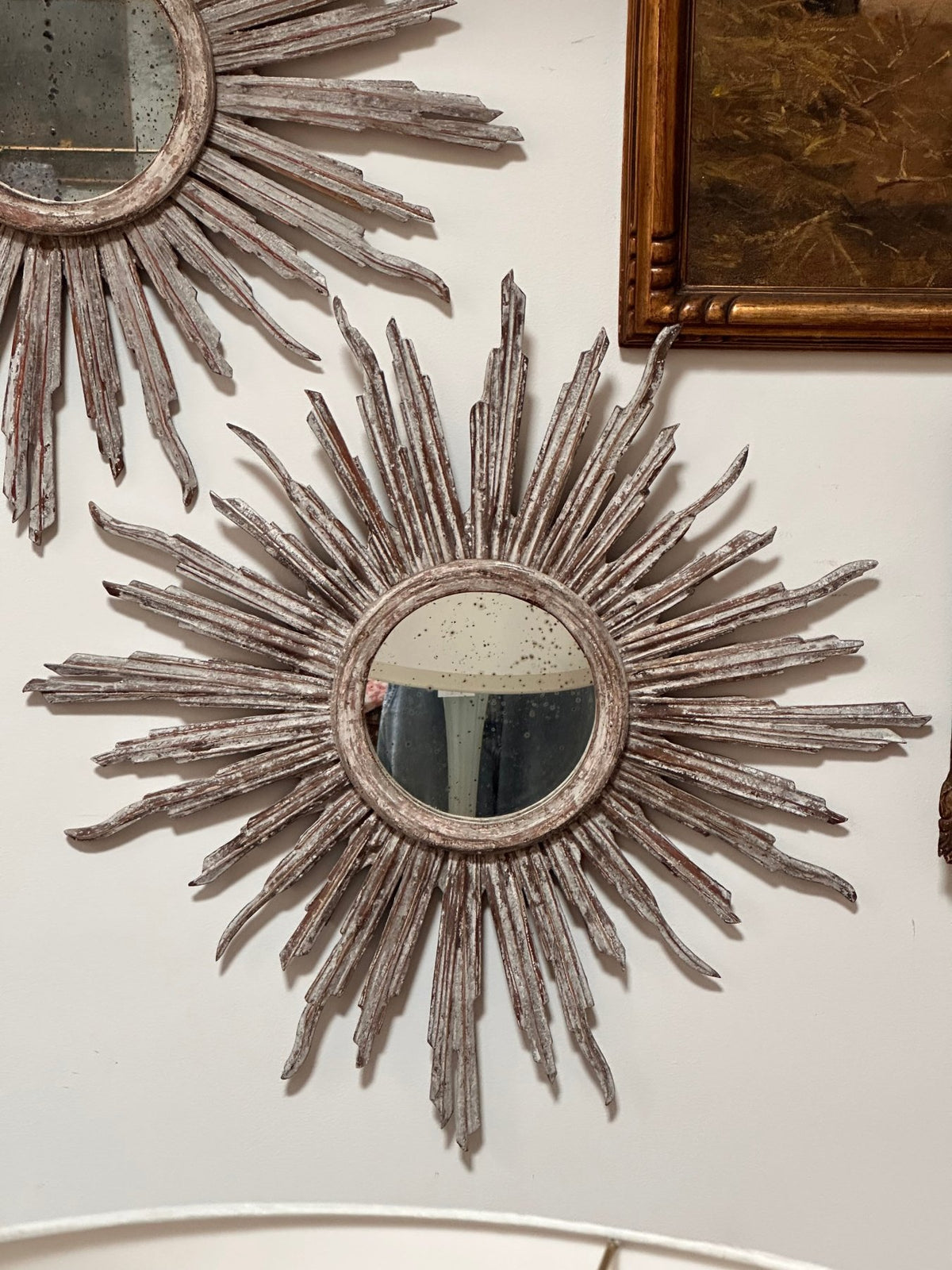 Exceptional Pair of carved painted Italian Starburst Mirrors - Helen Storey Antiques