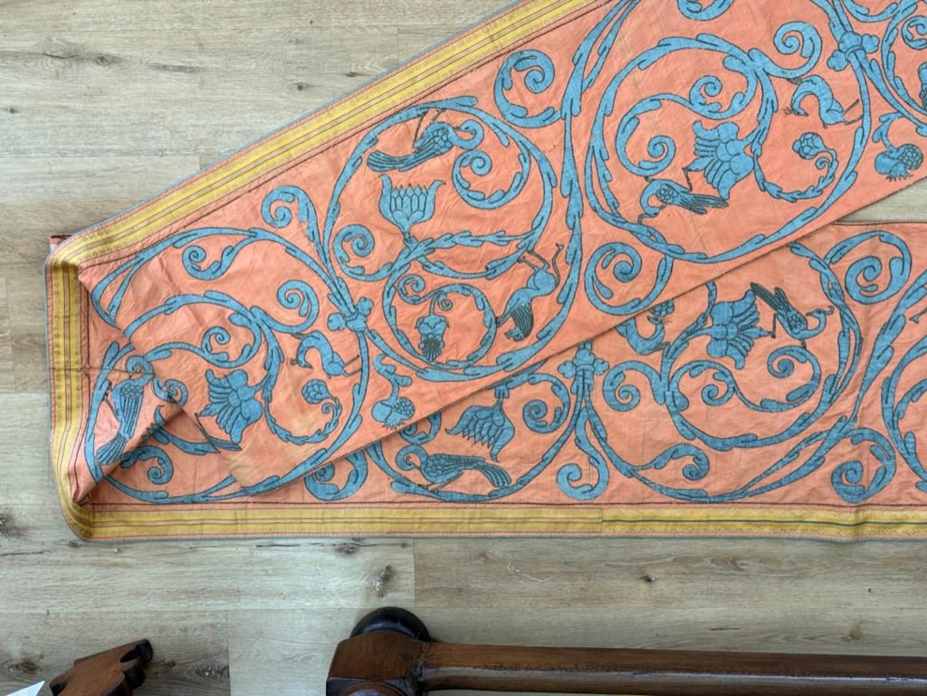 Extraordinary 18th Century Silk Panel - salmon pink and pale blue - Helen Storey Antiques