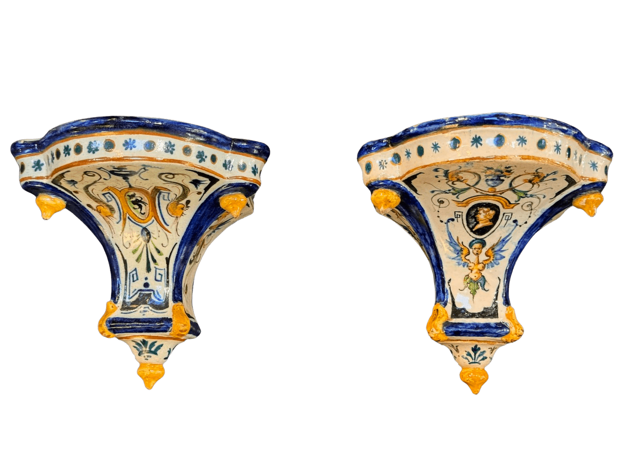 Faience Hanging Brackets, Polychrome, 19th C. Ginori