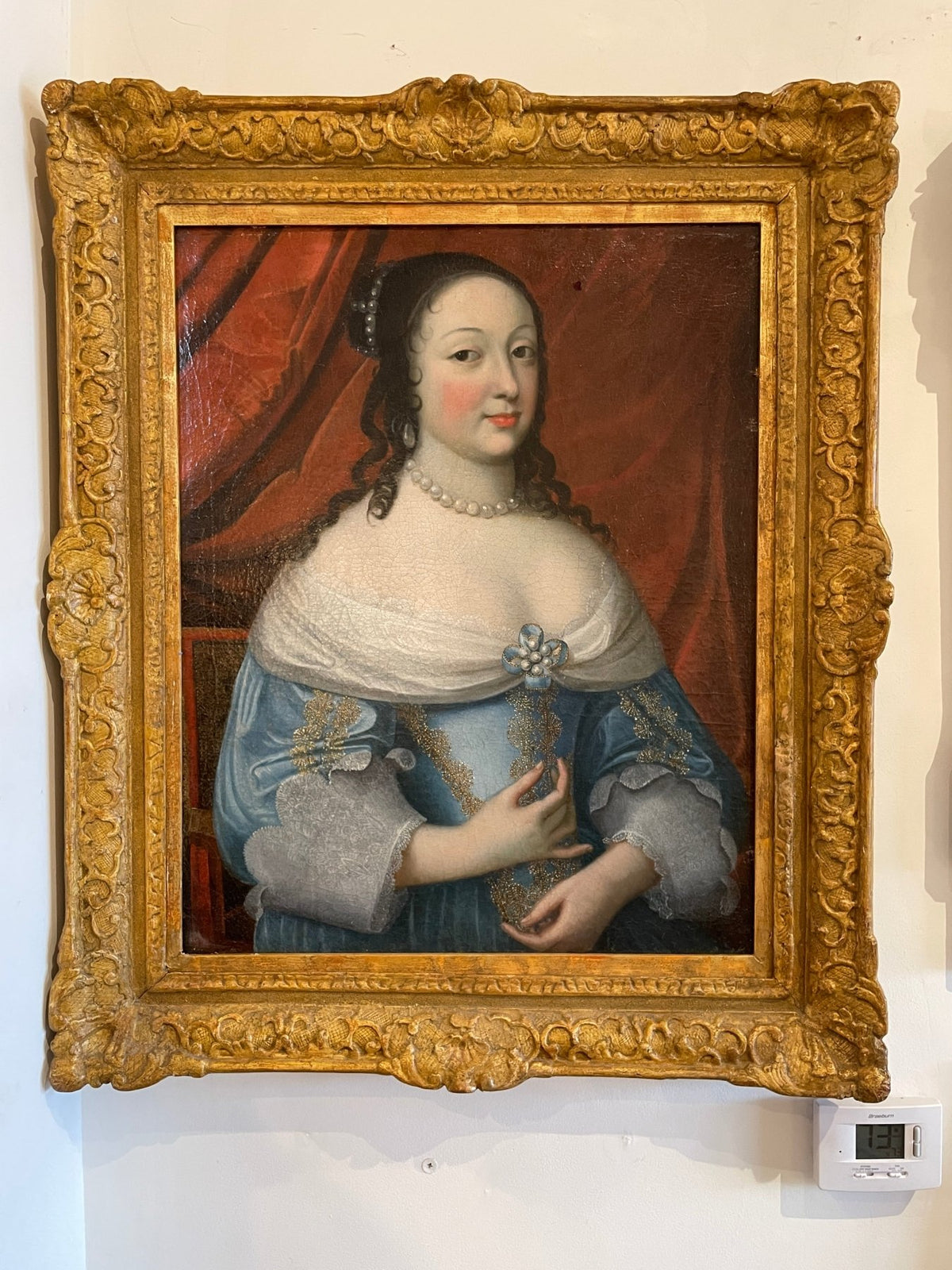 Fine 17th Century Portrait of a woman in blue with pearls - Helen Storey Antiques