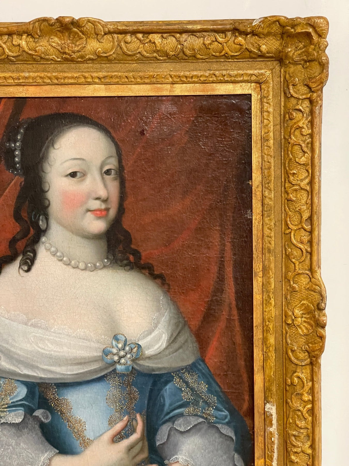 Fine 17th Century Portrait of a woman in blue with pearls - Helen Storey Antiques