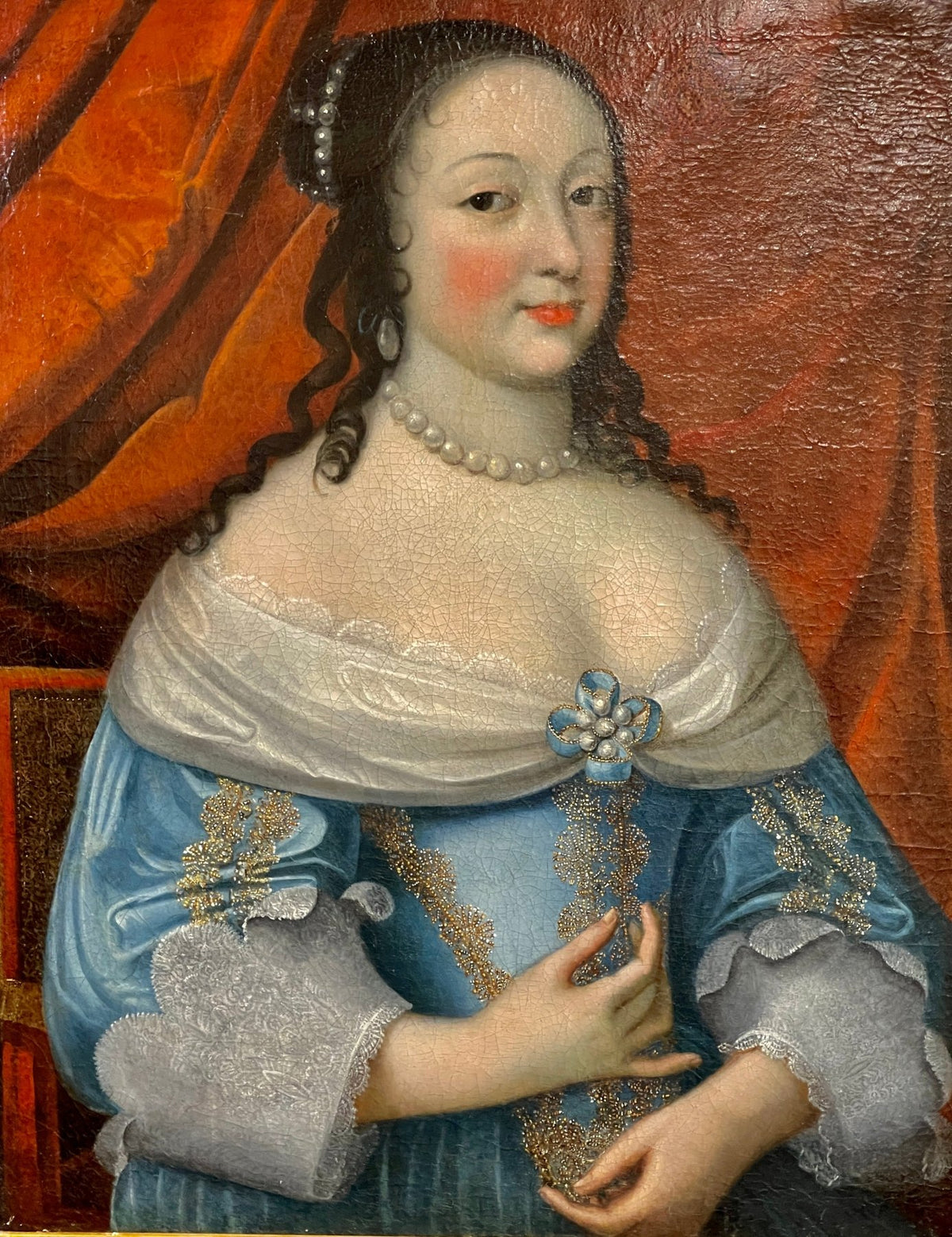 Fine 17th Century Portrait of a woman in blue with pearls - Helen Storey Antiques