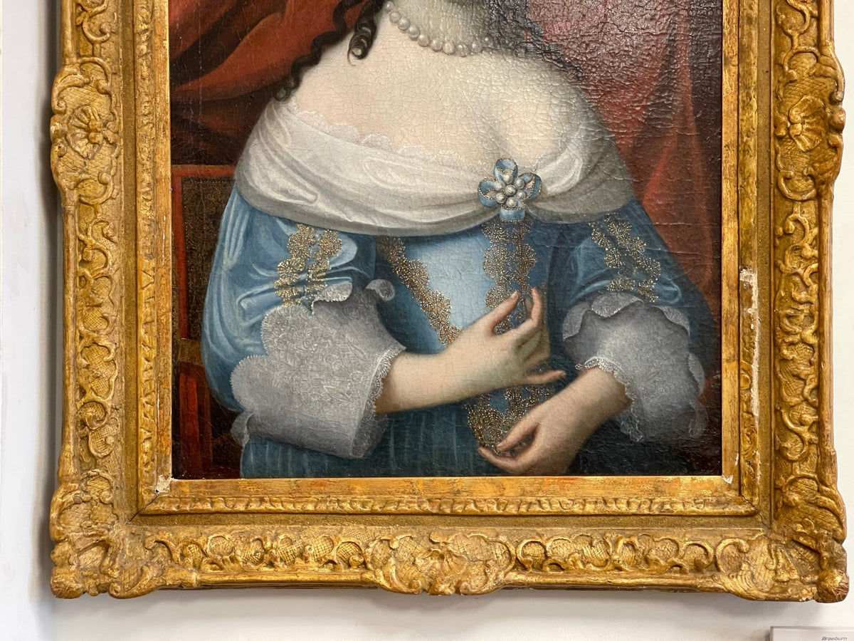 Fine 17th Century Portrait of a woman in blue with pearls - Helen Storey Antiques