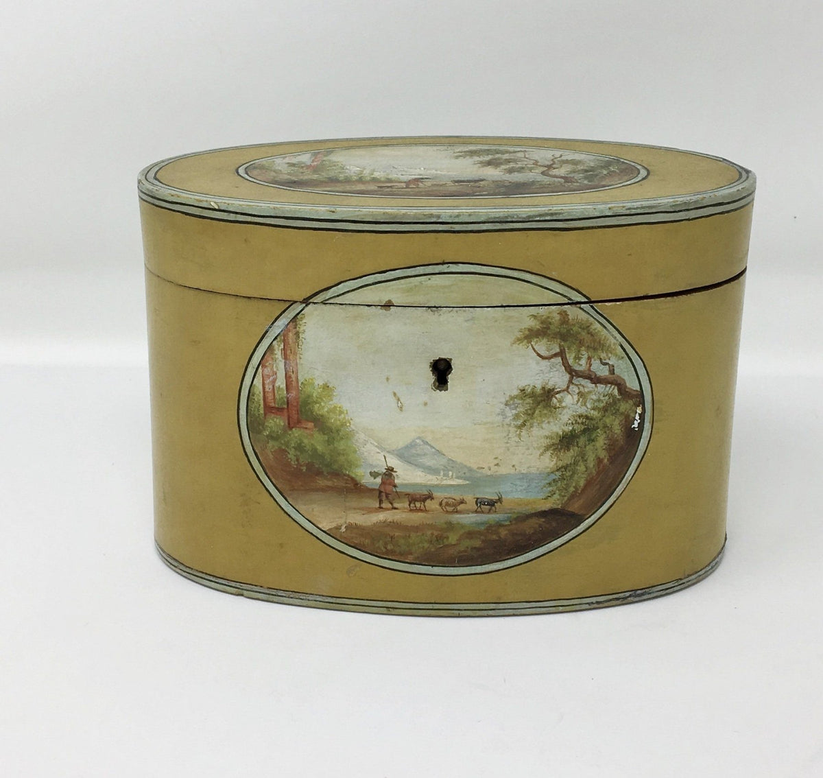 Fine Oval Teacaddy Polychrome, Hand - Painted Landscape c. 1750 - Helen Storey Antiques