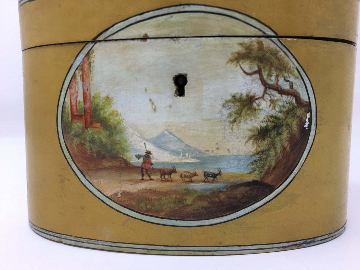 Fine Oval Teacaddy Polychrome, Hand - Painted Landscape c. 1750 - Helen Storey Antiques