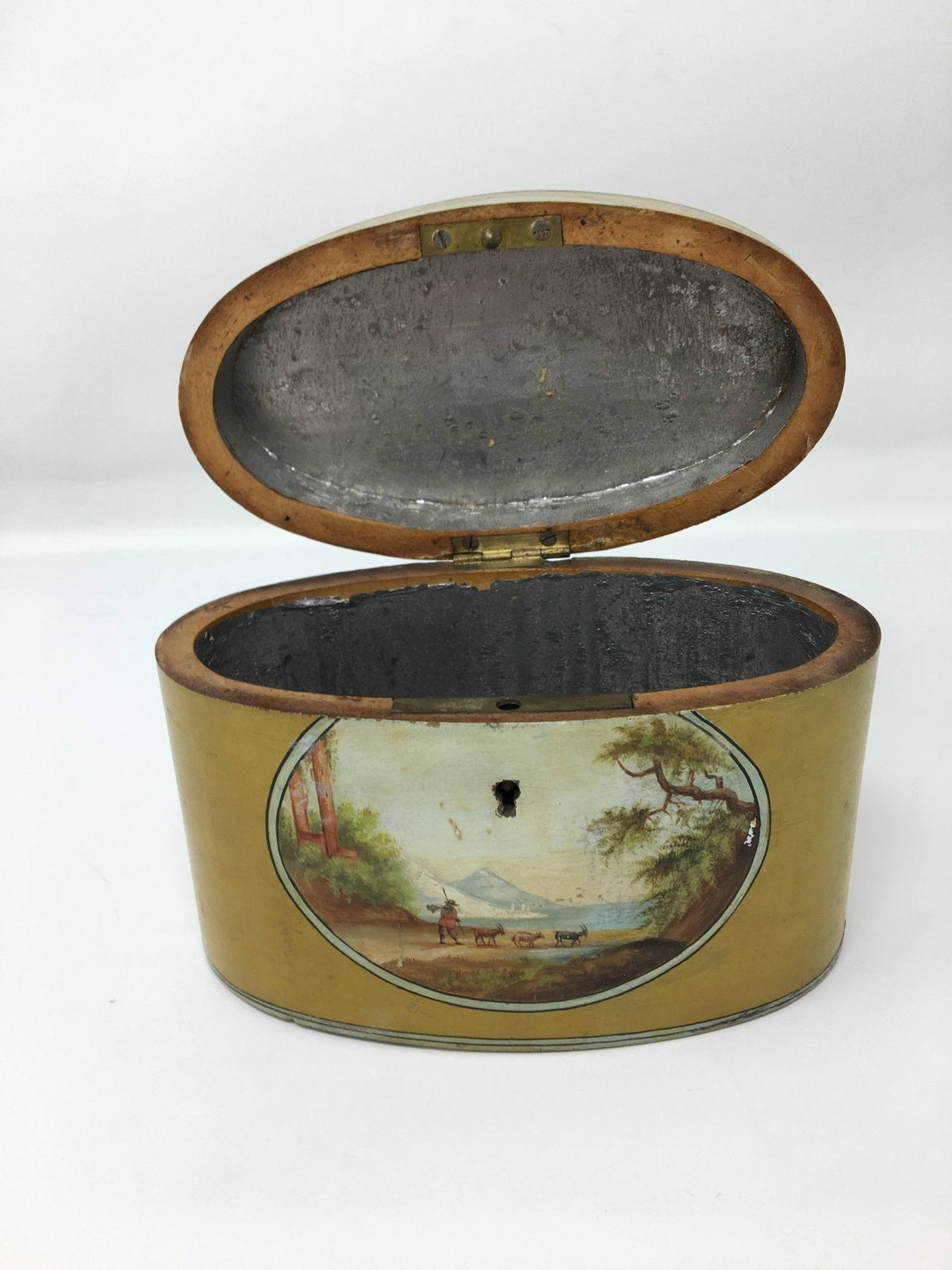 Fine Oval Teacaddy Polychrome, Hand - Painted Landscape c. 1750 - Helen Storey Antiques