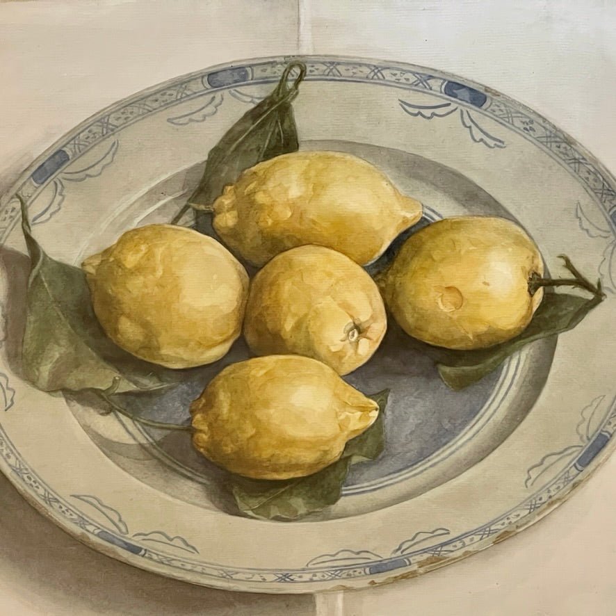 Fine watercolor of lemons on Delft plate by contemporary Dutch artist - Helen Storey Antiques