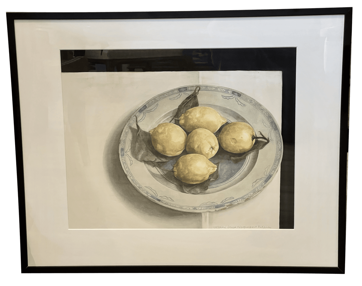 Fine watercolor of lemons on Delft plate by contemporary Dutch artist - Helen Storey Antiques