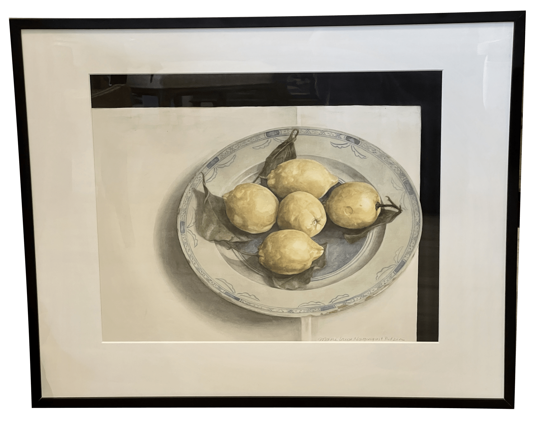 Fine watercolor of lemons on Delft plate by contemporary Dutch artist